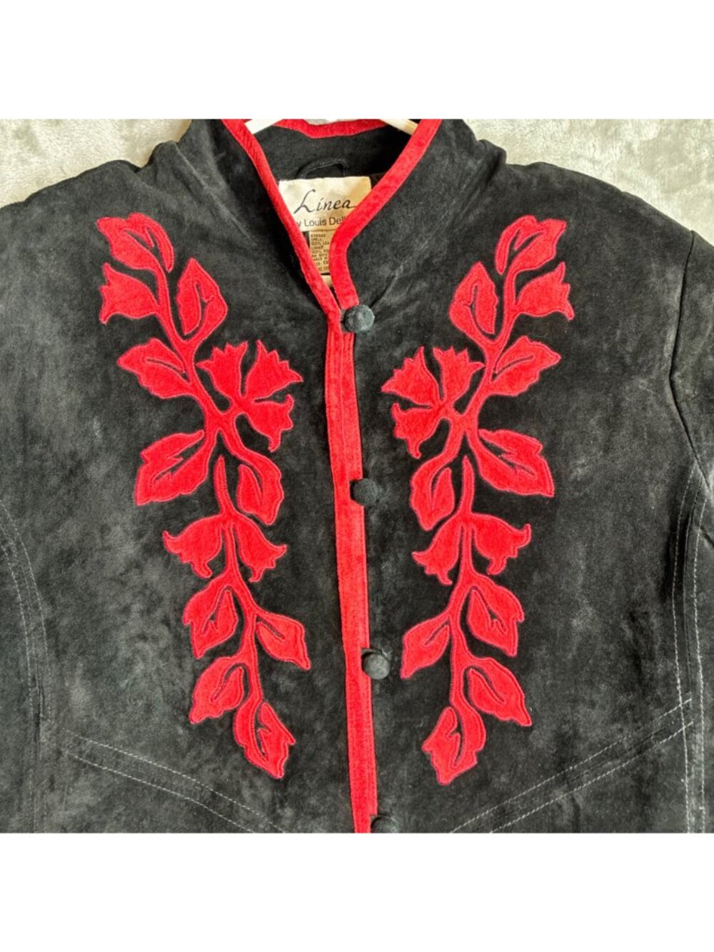 Linea by Louis DellOlio Womens Embroidered Suede Leather Jacket 1X Black Red - Picture 3 of 10